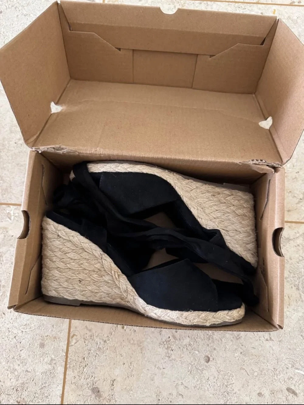 Black Espadrille Wedge Sandals with Ankle Tie, Brand New